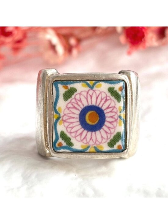 Jewelry - Porcelain Floral Painted Tilework Chunky Sterling Silver 925 Vintage Ring - sz 5